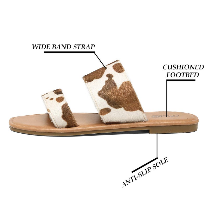 katliu Women's Flat Sandals Two Strap Slide Sandals Open Toe Cow Print Brown 8.5 - Image 3