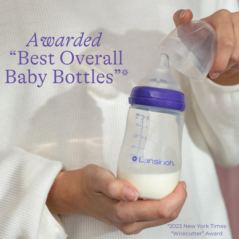 Lansinoh Anti-Colic Baby Bottles for Breastfeeding Babies, 8 Ounces, 3 Count, Includes 3 Medium Flow Nipples, Size M - Image 2