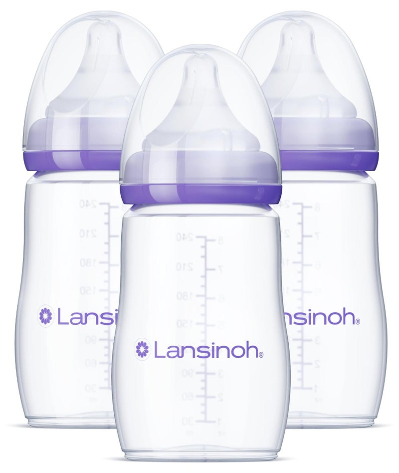 Lansinoh Anti-Colic Baby Bottles for Breastfeeding Babies, 8 Ounces, 3 Count, Includes 3 Medium Flow Nipples, Size M - Image 1