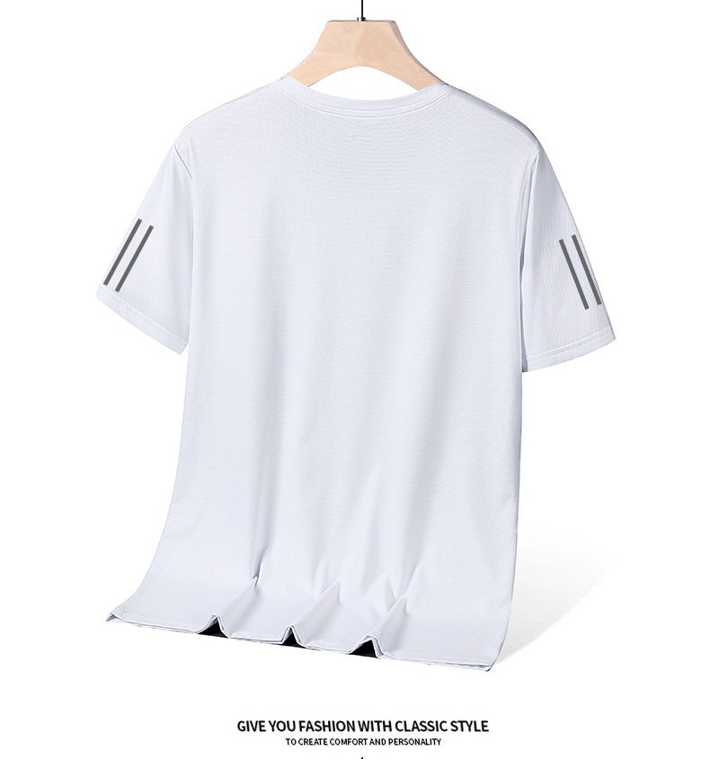 Nano Small Hole Round Neck Ice Silk Men'S And Women'S Same Loose Plus Size Three Bars Solid Color Casual Sports High Elastic Plus Size Top - Image 1
