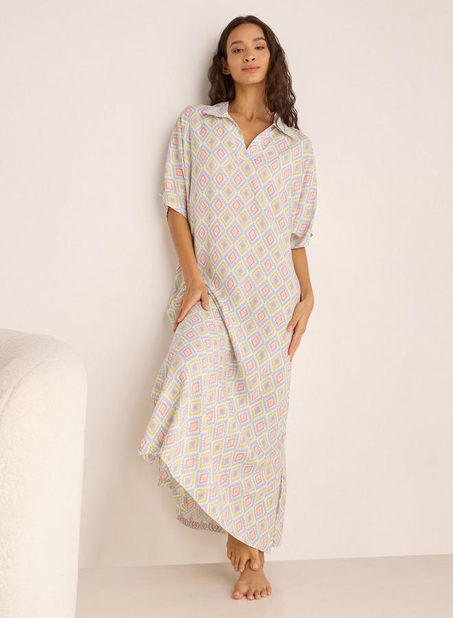 Splash FAV Printed Night Dress with Collar and Short Sleeves - Image 1