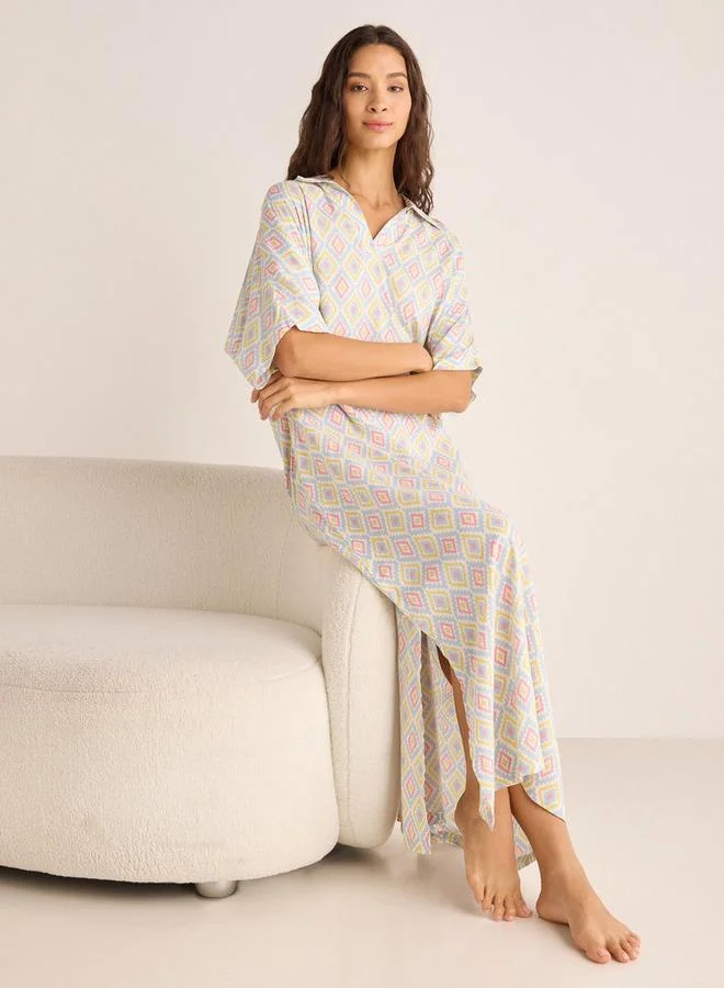 Splash FAV Printed Night Dress with Collar and Short Sleeves