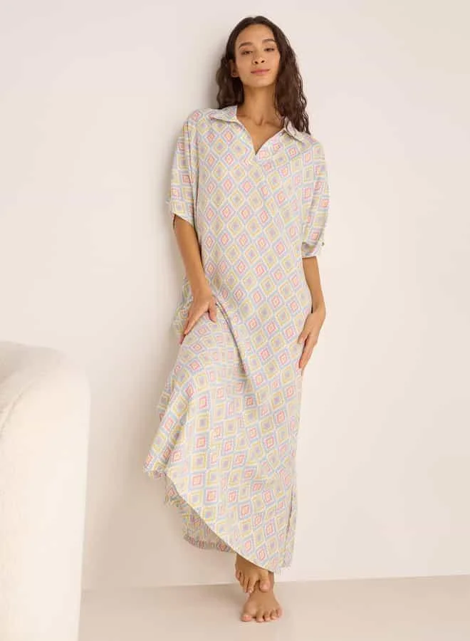 Splash FAV Printed Night Dress with Collar and Short Sleeves