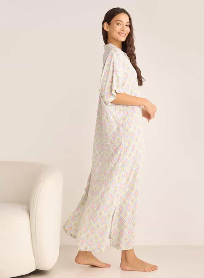 سبلاش فيڤ Printed Night Dress with Collar and Short Sleeves