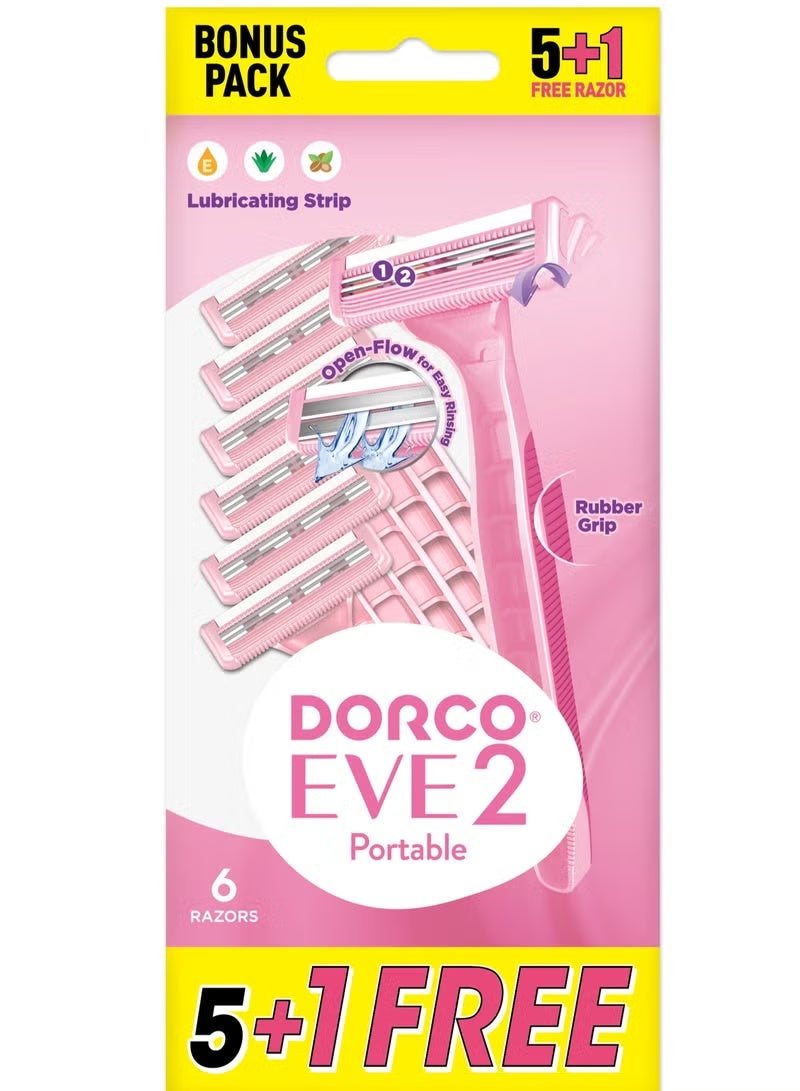 DORCO EVE 2 Plus Women’s Disposable Razors – 2-Blade Smooth Shaving, Pack of 5 + 1 Free