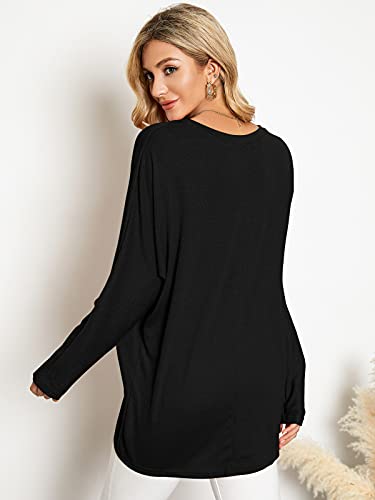 ZANZEA Women's Off The Shoulder Batwing Tops Casual Loose Oversized Tshirts Long Sleeve Fall Pullover Sweater Tops Black 2XL - Image 4