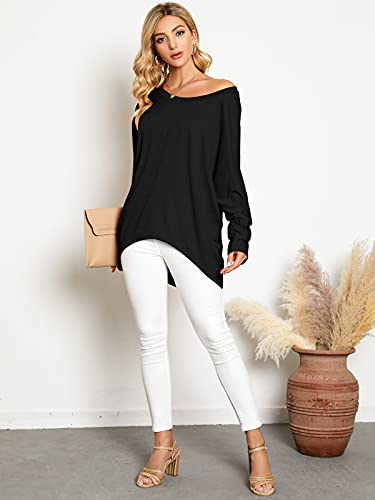 ZANZEA Women's Off The Shoulder Batwing Tops Casual Loose Oversized Tshirts Long Sleeve Fall Pullover Sweater Tops Black 2XL - Image 2