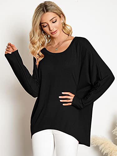 ZANZEA Women's Off The Shoulder Batwing Tops Casual Loose Oversized Tshirts Long Sleeve Fall Pullover Sweater Tops Black 2XL - Image 3