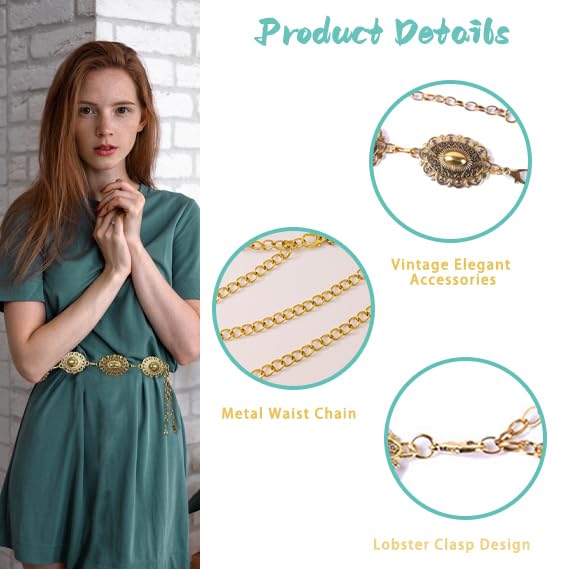 SNCEAW Metal Western Country Chain Belts for Women Cowgirl Western Style Adjustable Concho Belts for Dresses Jeans Gift (A-Gold Chain, Fit Waist up to 42") - Image 4