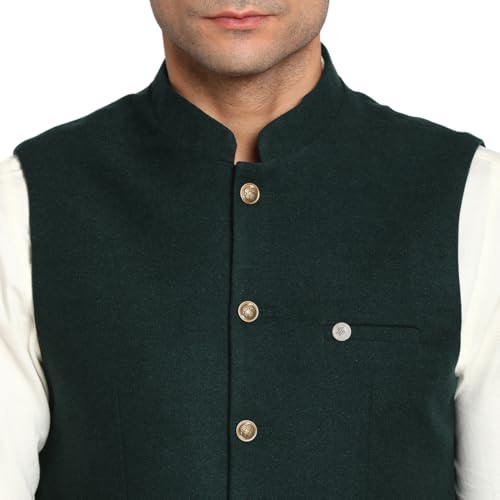 Turtle Men Poly Viscose Dark Green Solid Party Nehru Jacket - Image 5
