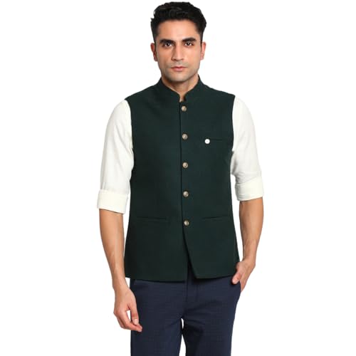 Turtle Men Poly Viscose Dark Green Solid Party Nehru Jacket - Image 1