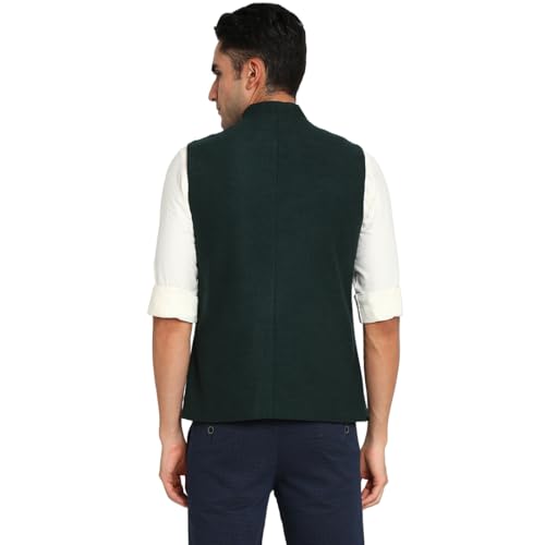 Turtle Men Poly Viscose Dark Green Solid Party Nehru Jacket - Image 2