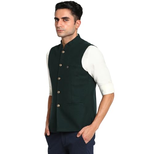 Turtle Men Poly Viscose Dark Green Solid Party Nehru Jacket - Image 3