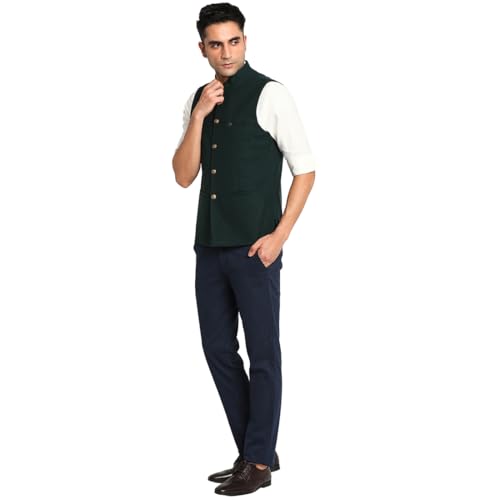 Turtle Men Poly Viscose Dark Green Solid Party Nehru Jacket - Image 4