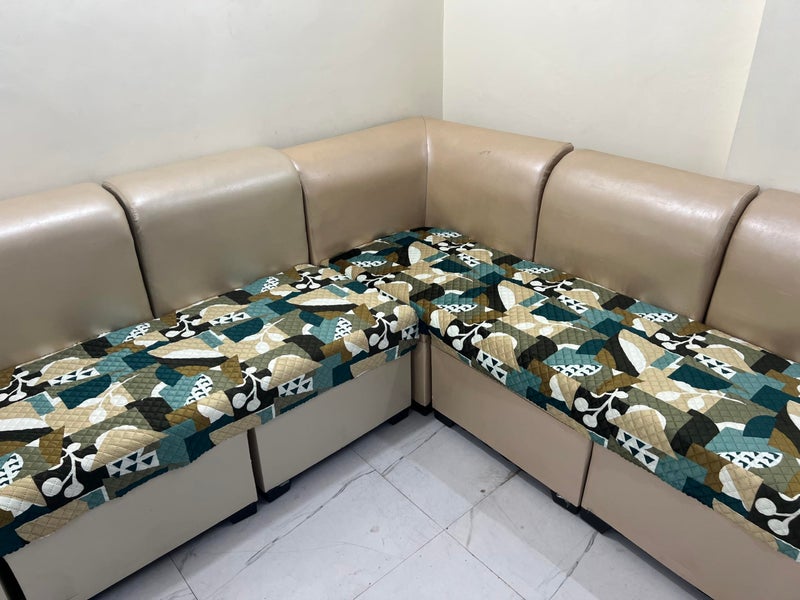 KINGLY Luxe Abstract Geo Teal–Mustard Quilted Velvet L-Shape Seat-Only Sofa Cover for 4+3 Seater – Non-Slip Washable Daily Use Sofa Protector, Luxury Sofa Mat for Living Room - Image 2