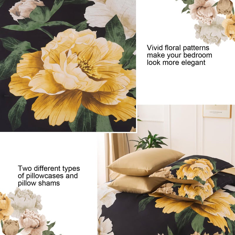 Dobuyly King Size Comforter Set 7 Piece Bed in a Bag, Yellow Brown Floral Printed on Black Comforter Set with Sheets, Soft Microfiber Botanical Boho Complete Bedding Set for All Season - Image 5
