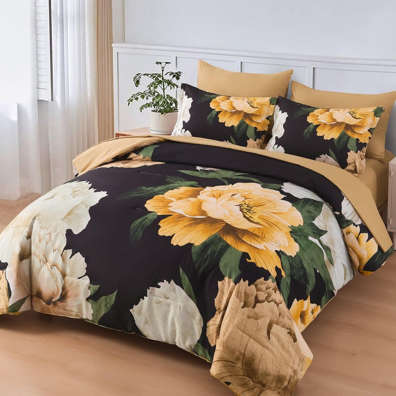 Dobuyly King Size Comforter Set 7 Piece Bed in a Bag, Yellow Brown Floral Printed on Black Comforter Set with Sheets, Soft Microfiber Botanical Boho Complete Bedding Set for All Season - Image 2