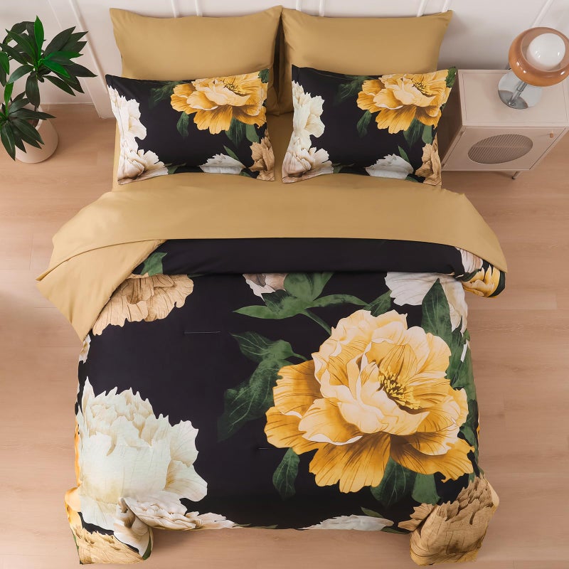 Dobuyly King Size Comforter Set 7 Piece Bed in a Bag, Yellow Brown Floral Printed on Black Comforter Set with Sheets, Soft Microfiber Botanical Boho Complete Bedding Set for All Season - Image 3