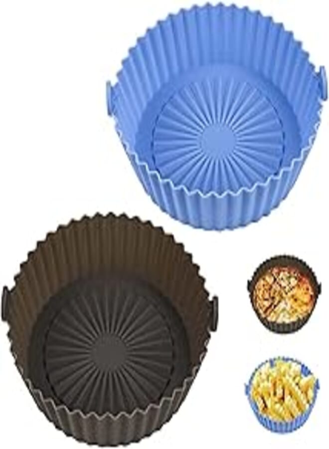 Yikki Silicone Air Fryer Liners Reusable Air Fryer Silicone Liner Air Fryer Accessories Compatible with Philips Tower Ninja Air Fryer Accessories (6.3 inch, Blue+ Gray)
