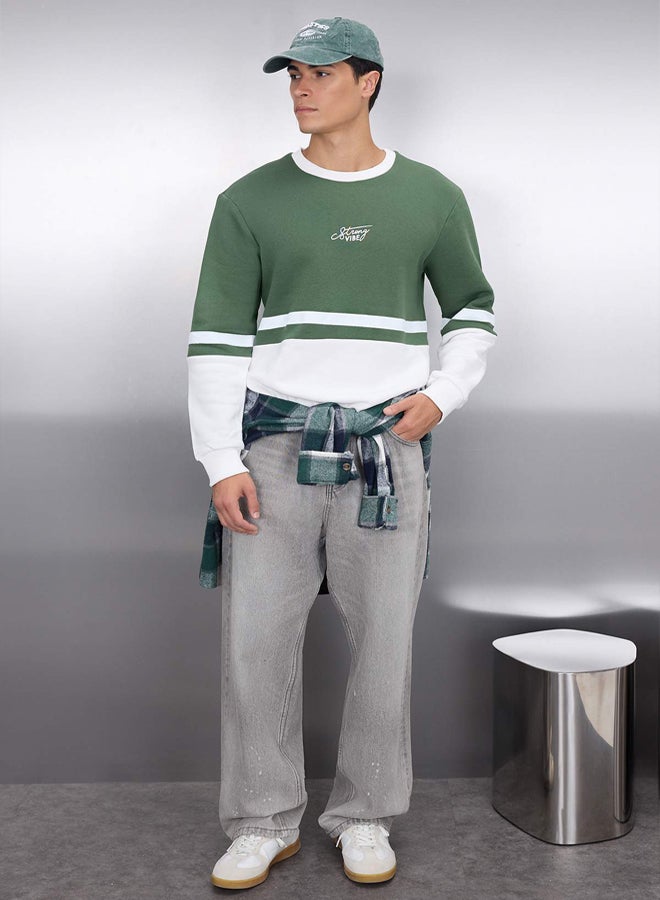 trendyol Khaki Regular/Normal Cut Long Sleeve Printed Panelled Sweatshirt - Image 1