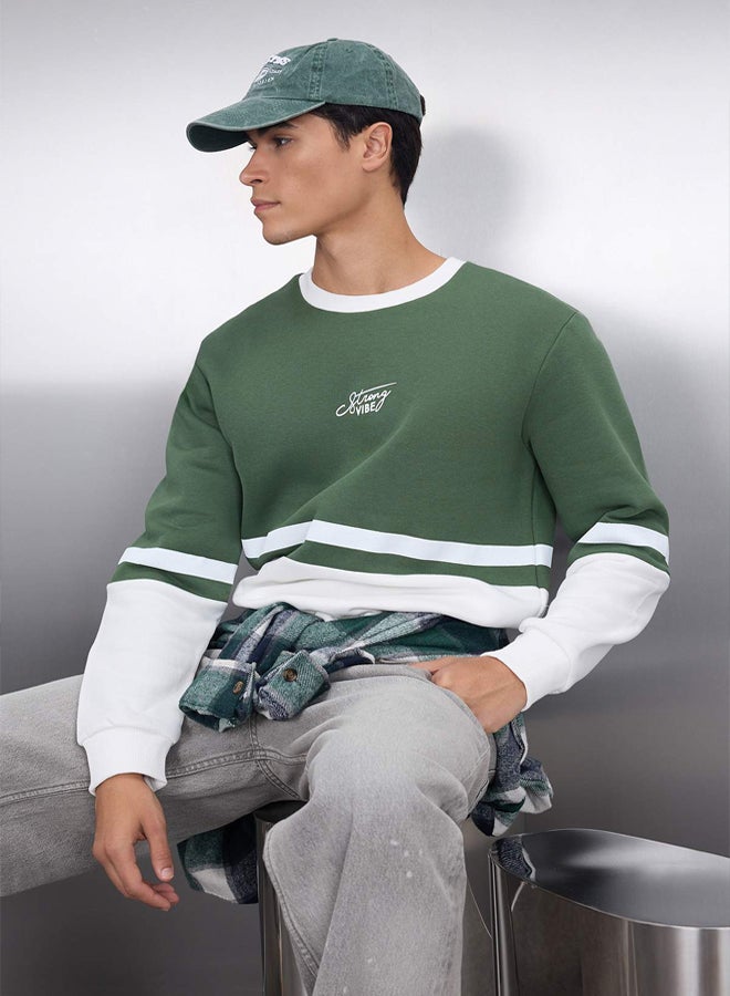 trendyol Khaki Regular/Normal Cut Long Sleeve Printed Panelled Sweatshirt - Image 2