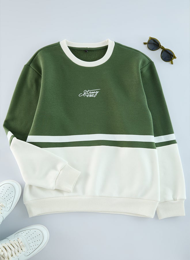 trendyol Khaki Regular/Normal Cut Long Sleeve Printed Panelled Sweatshirt - Image 5