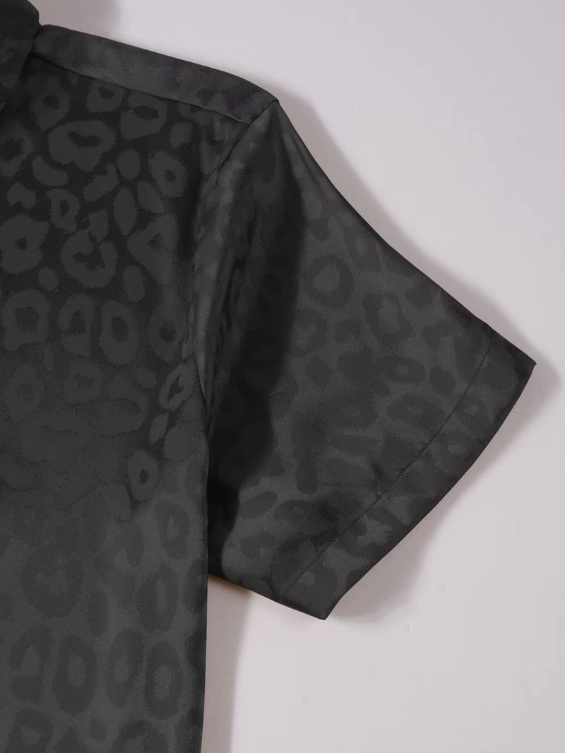 Falainetee Men's Satin Leopard Print Short Sleeve Button Down Lapel Collar Silk Shirts Top Black L - Image 4