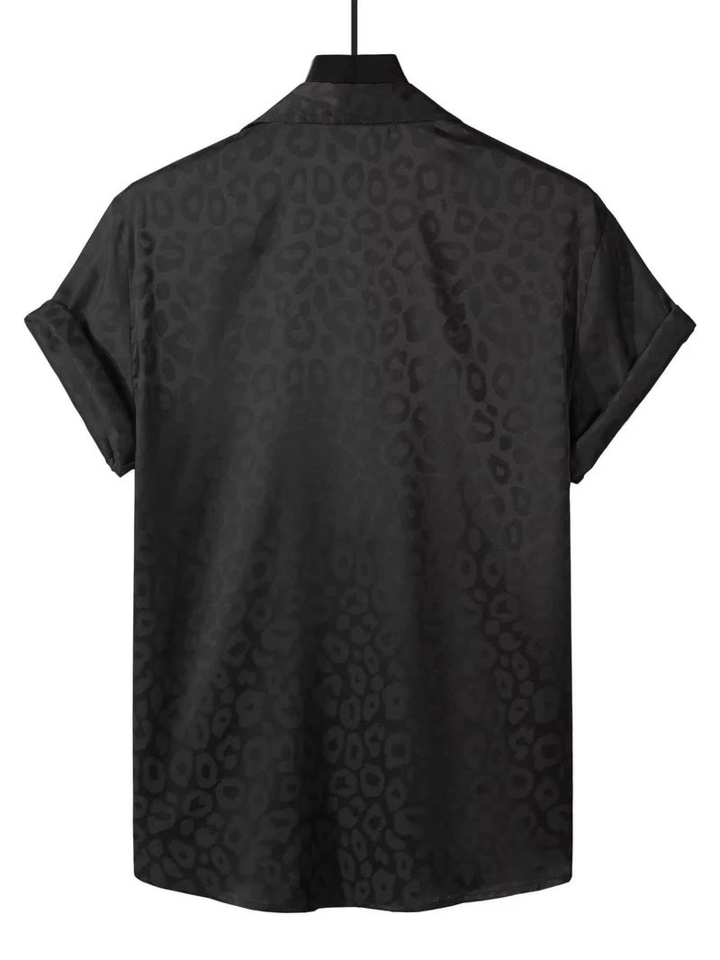 Falainetee Men's Satin Leopard Print Short Sleeve Button Down Lapel Collar Silk Shirts Top Black L - Image 2