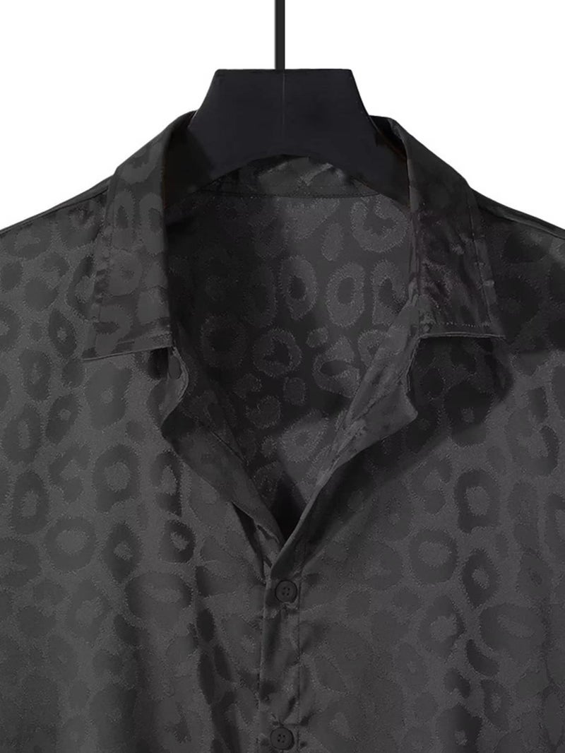 Falainetee Men's Satin Leopard Print Short Sleeve Button Down Lapel Collar Silk Shirts Top Black L - Image 3