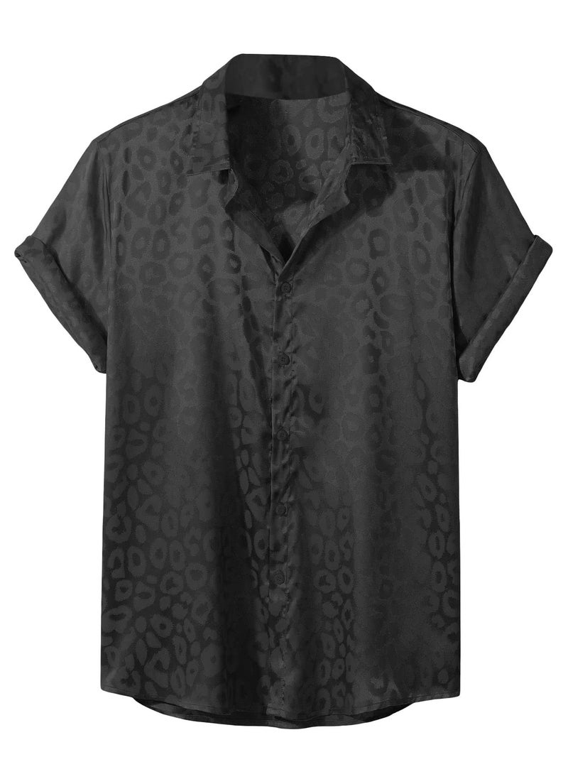 Falainetee Men's Satin Leopard Print Short Sleeve Button Down Lapel Collar Silk Shirts Top Black L - Image 1