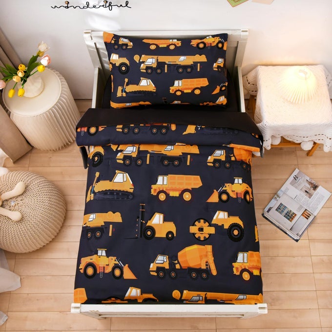 4 PIECES CONSTRUCTION TODDLER BEDDING SET FOR BABY BOYS TRUCK VEHICLES EXCAVATOR CARS PRINTED INCLUDES COMFORTER FLAT SHEET FITTED SHEET AND PILLOWCASEBLACK
