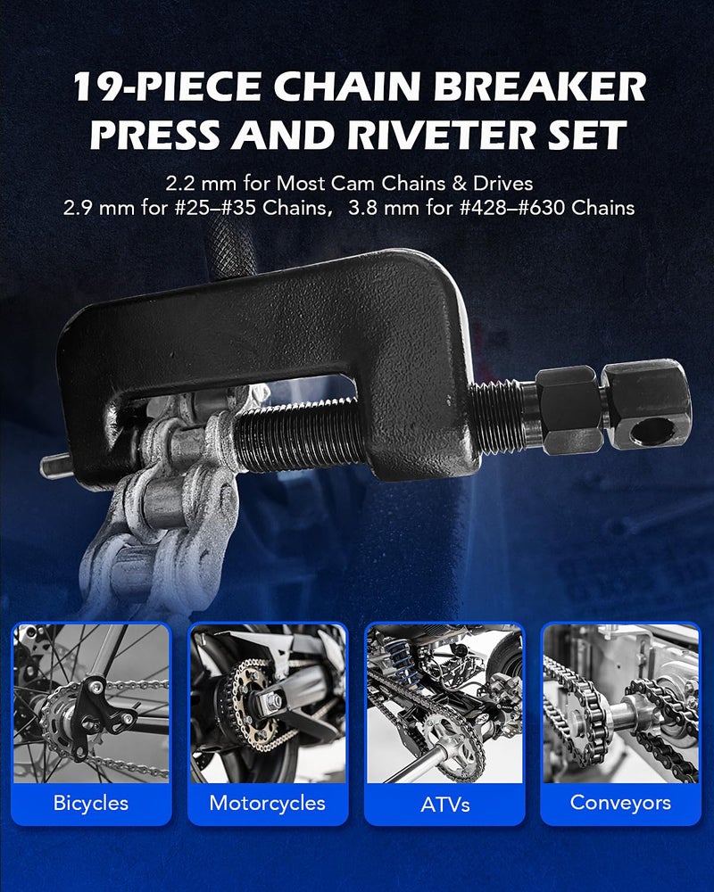 Orion Motor Tech 19pc Chain Brake Tool Kit with C Frame 3 Anvils 5 Break Tips, Dirtbike ATV Bicycle Motorcycle Chain Tool Chain Link Removal Tool Chain Rivet Tool for Cam & 25 to 630 Chains - Image 2