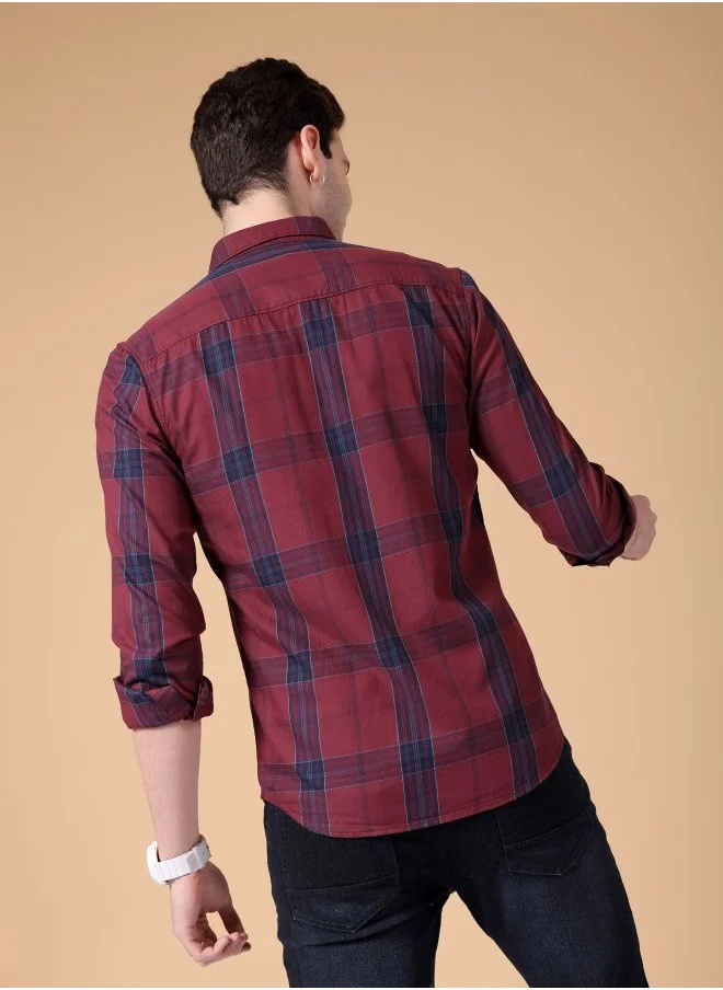 The Indian Garage Co Men Slim Fit Checkered Full Sleeves Cutaway Collar Casual Shirt