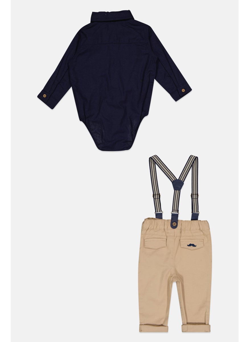 Little Gent - Toddlers Boy 3 Piece Shirt And Pant Set, Tan - Image 1