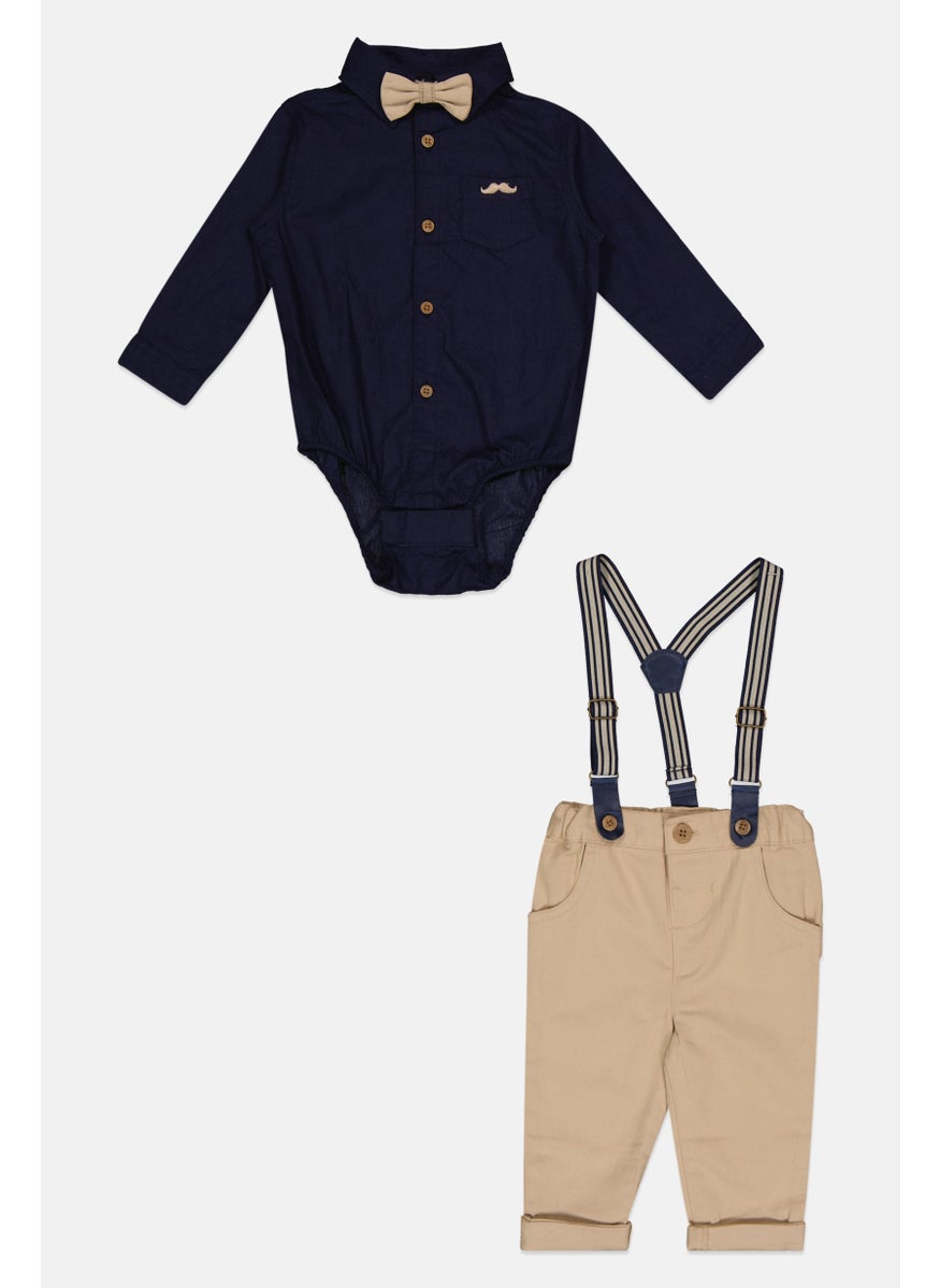 Little Gent - Toddlers Boy 3 Piece Shirt And Pant Set, Tan - Image 1