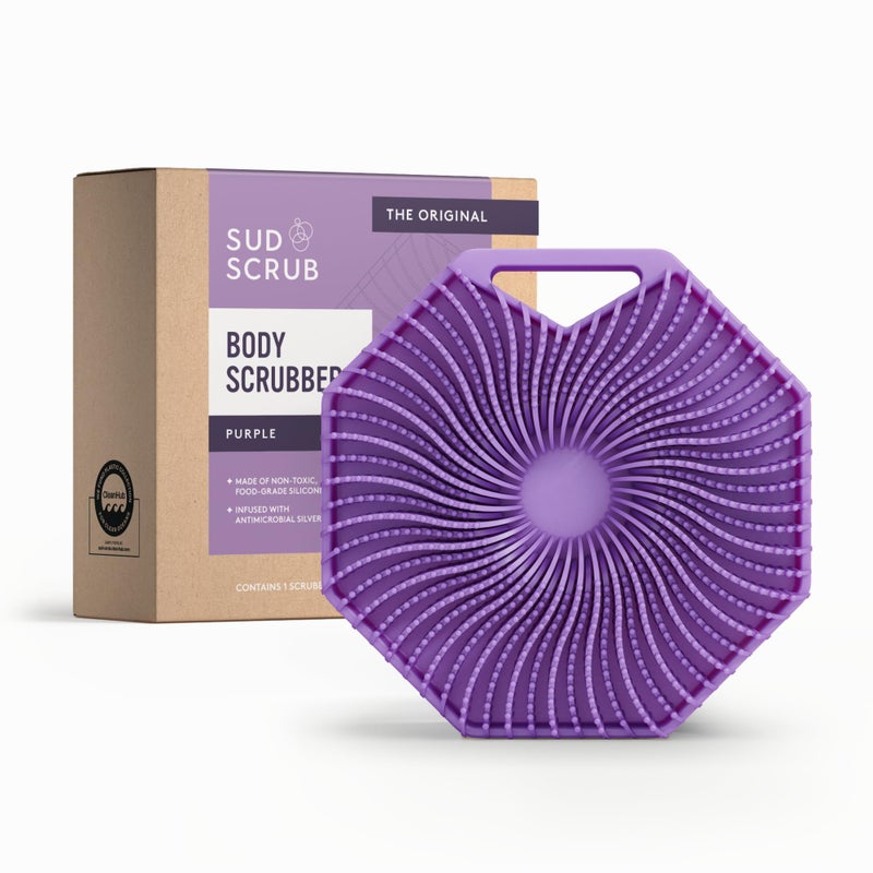 Sud ScrubÂ® Antimicrobial Silicone Body Scrubber, Exfoliating Body Brush for Sensitive Skin, Antibacterial Shower Scrubber for Body, Bathroom Essentials for Men & Women, Purple - Image 1