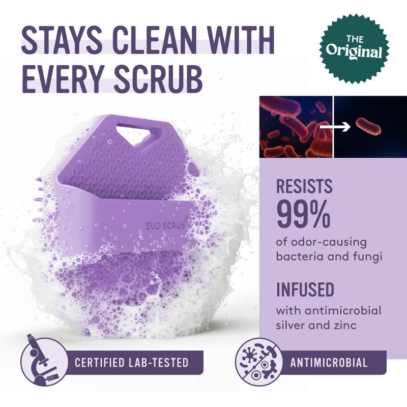 Sud ScrubÂ® Antimicrobial Silicone Body Scrubber, Exfoliating Body Brush for Sensitive Skin, Antibacterial Shower Scrubber for Body, Bathroom Essentials for Men & Women, Purple - Image 2