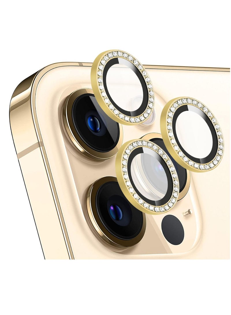 Pack Of 3 Pieces Premium Camera Lens Cover Metal Ring Protector With Tempered Glass For Apple iPhone 14 Pro And 14 Pro Max Gold Diamond