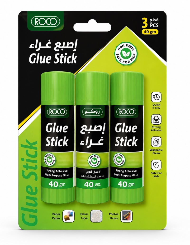 روكو أصابع غراء روكو 40 جم عبوة 3 قطع لاصق قوي وغير سام للاستخدام المدرسي والمكتبي والأعمال اليدوية - Image 1