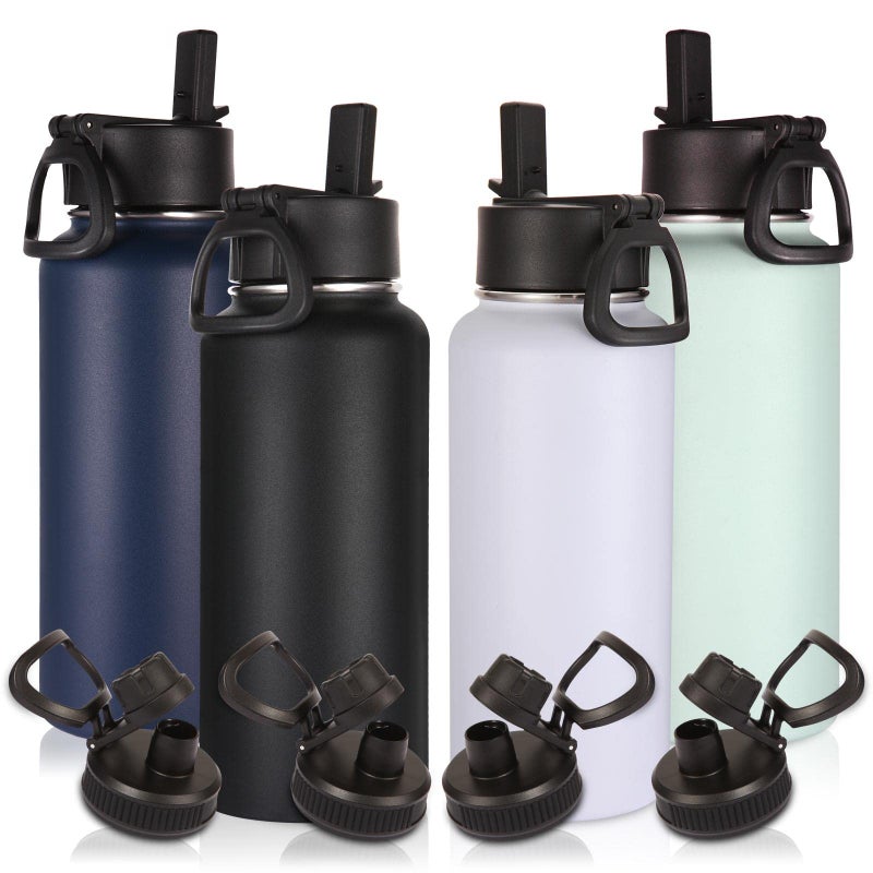 Volhoply 32 oz Insulated Water Bottles Bulk 4 Pack with Straw Lid & Spout Lid,Stainless Steel Sports Water Bottle,Double Wall Vacuum Cups,Leakproof Wide Mouth Metal Flask for Hiking,Camping(Mix,4) - Image 1
