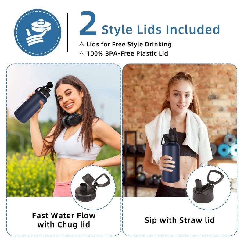 Volhoply 32 oz Insulated Water Bottles Bulk 4 Pack with Straw Lid & Spout Lid,Stainless Steel Sports Water Bottle,Double Wall Vacuum Cups,Leakproof Wide Mouth Metal Flask for Hiking,Camping(Mix,4) - Image 2