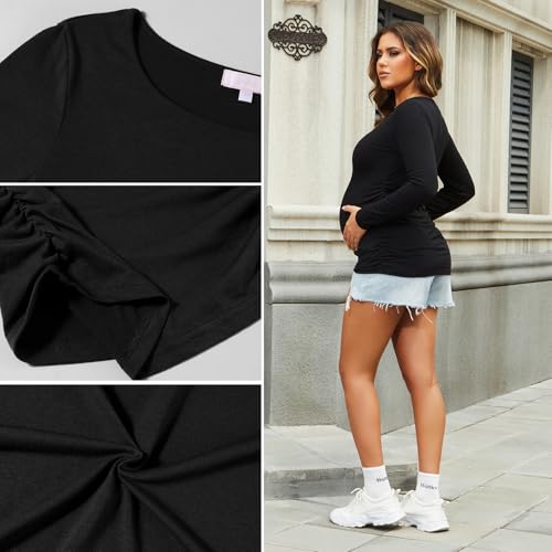 Bhome Maternity Shirt Long Sleeve Basic Top Ruch Sides Bodycon Tshirt for Pregnant Women Black S - Image 5