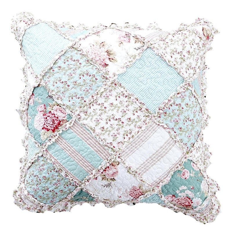DaDa Bedding 1Piece Patchwork Blooming Floral Euro Pillow Sham  Hint of Mint Cotton Garden Country Cottage  Ruffles Muted Pastel Light Seafoam BlueGreen  26 x 26