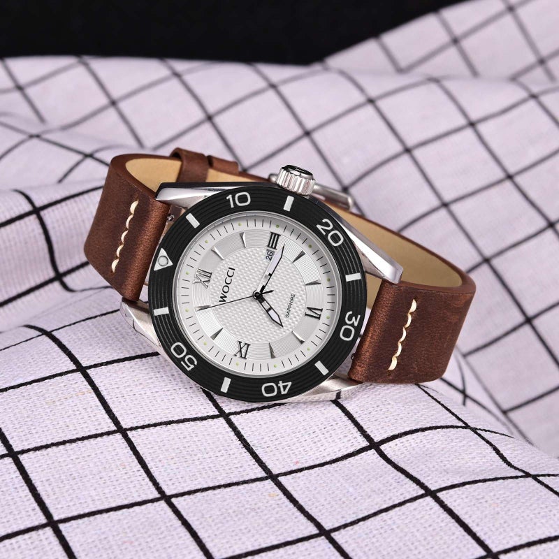 WOCCI 20mm Old-fashioned Watch Band for Men, Top Grain Leather, Silver Brushed Buckle (Pecan Brown) - Image 2