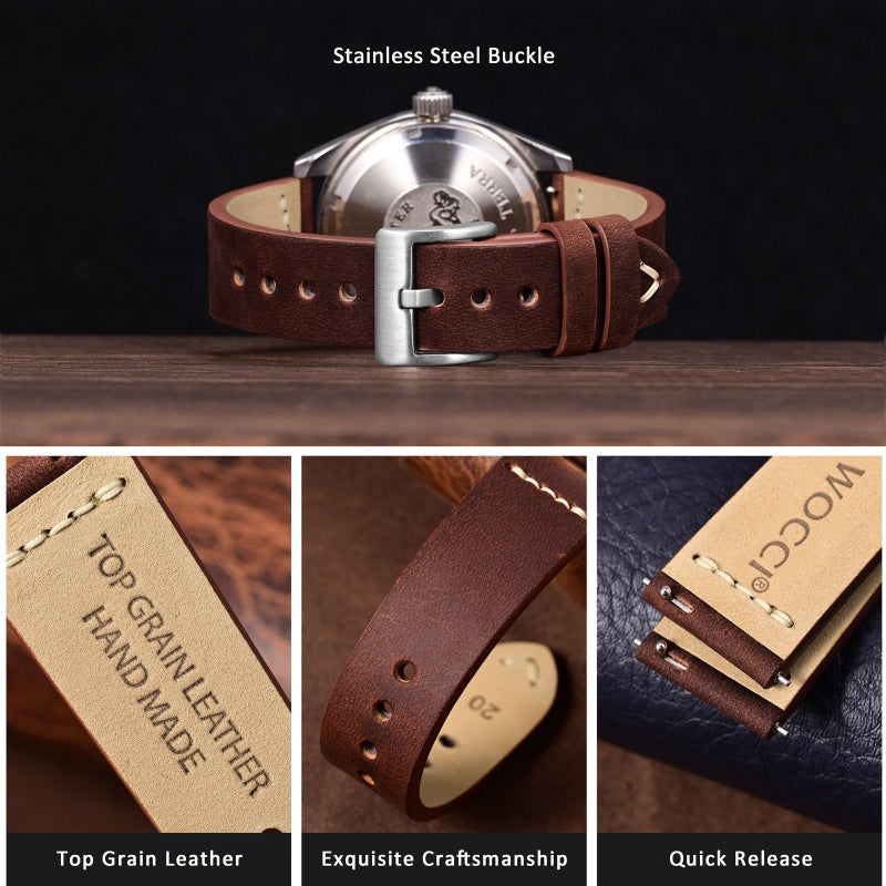 WOCCI 20mm Old-fashioned Watch Band for Men, Top Grain Leather, Silver Brushed Buckle (Pecan Brown) - Image 3