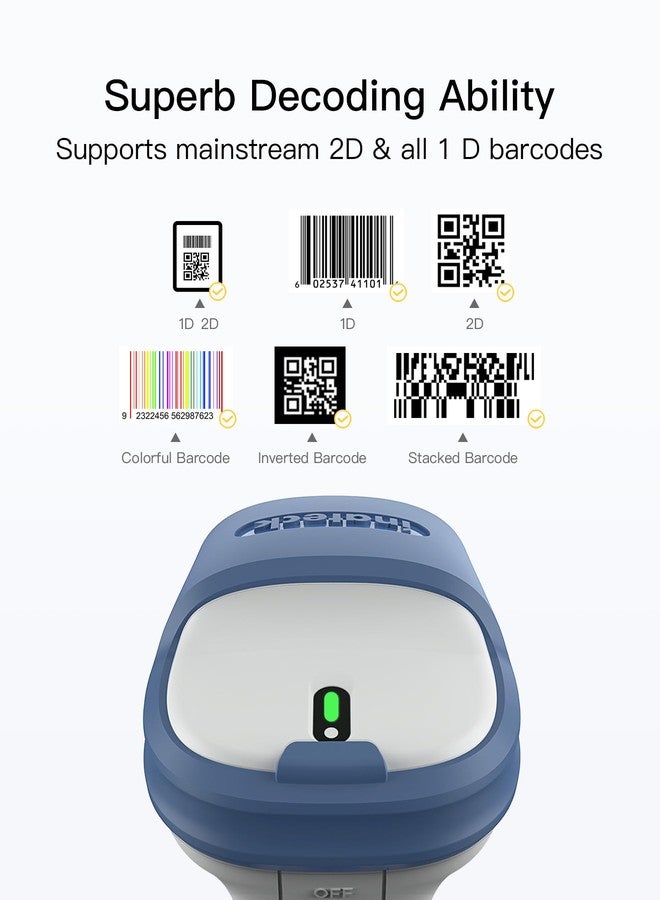 Inateck Bluetooth Barcode Scanner, 2D Wireless Barcode Scanner, Bluetooth 5.0 and 2.4Ghz Adapter, 3 in 1 Reader, Support GS1 Barcode, BCST-73 Blue White - Image 2