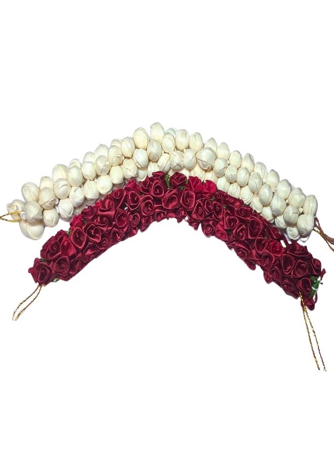 Gozby WellPoint Artificial Flower Gajra Bun Juda Maker – Hair Accessories for Women & Girls, White & Maroon Floral for Wedding, Bridal, Bridesmaid & Festive Decoration (2 psc) - Image 2