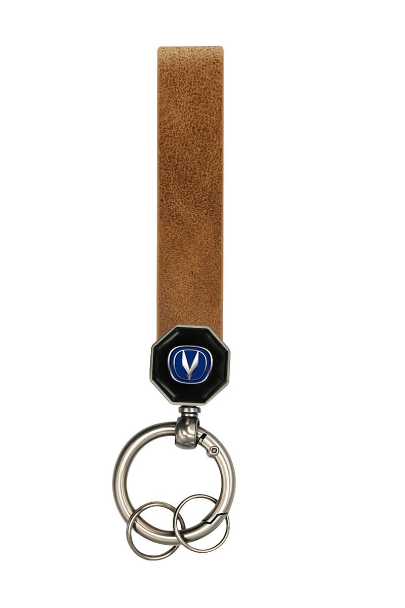 Changan Leather Keychain 12.5cm x 1.5cm with 360° Rotating Metal Ring, Double Screw Fixing, Durable Brown Leather Strap, Portable Spring Ring, Key Holder for Car, House Keys, and Accessories, Stylish Key Organizer with Changan Logo - Image 1