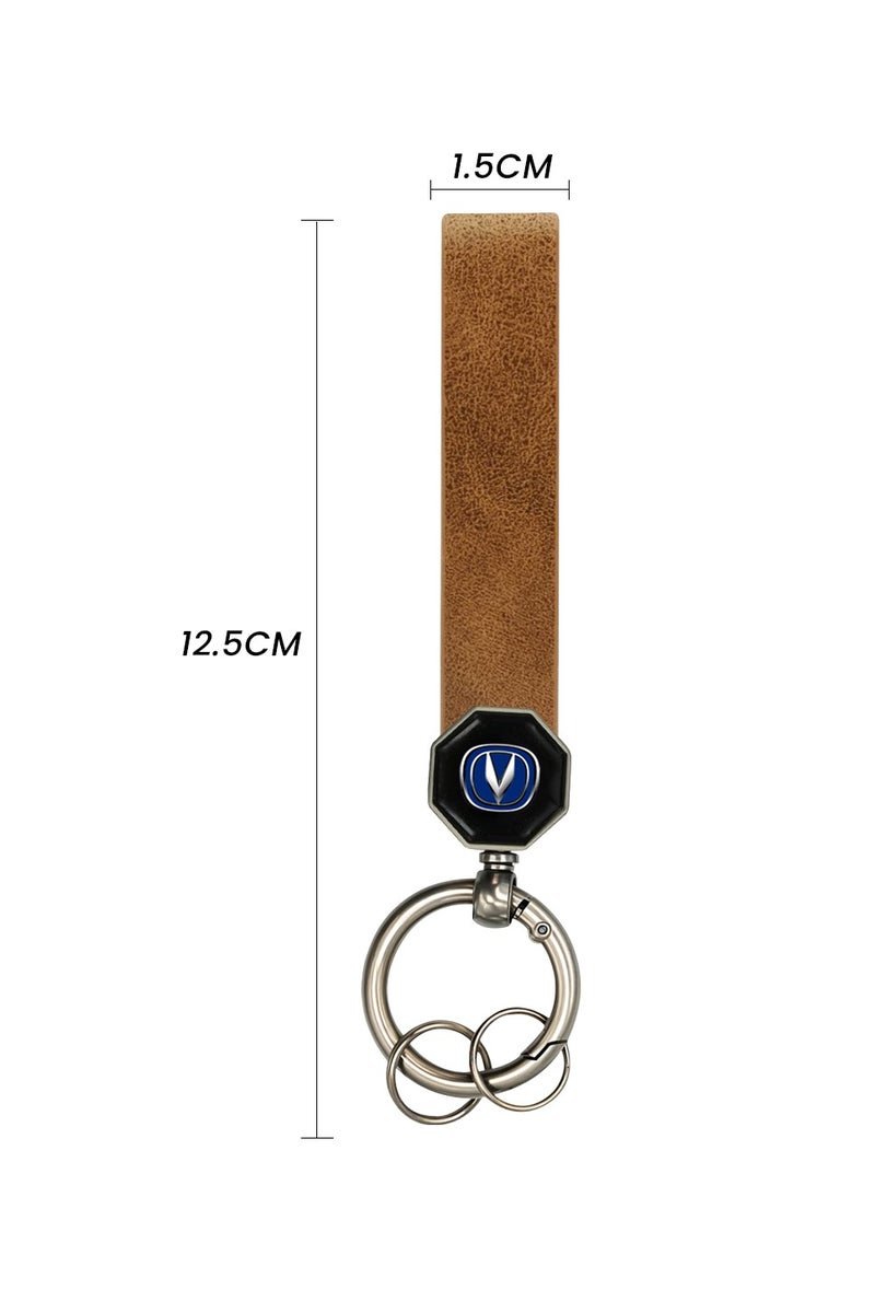Changan Leather Keychain 12.5cm x 1.5cm with 360° Rotating Metal Ring, Double Screw Fixing, Durable Brown Leather Strap, Portable Spring Ring, Key Holder for Car, House Keys, and Accessories, Stylish Key Organizer with Changan Logo - Image 3