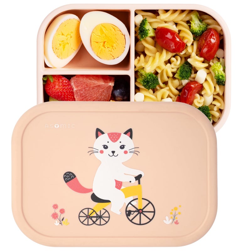 ASOMIC Silicone Bento Lunch Box for Toddlers & Kids, Leakproof & BPA-Free, 3 Compartments, Microwave & Dishwasher Safe, Ideal for Daycare, Preschool & Baby Meals (Cat) - Image 1